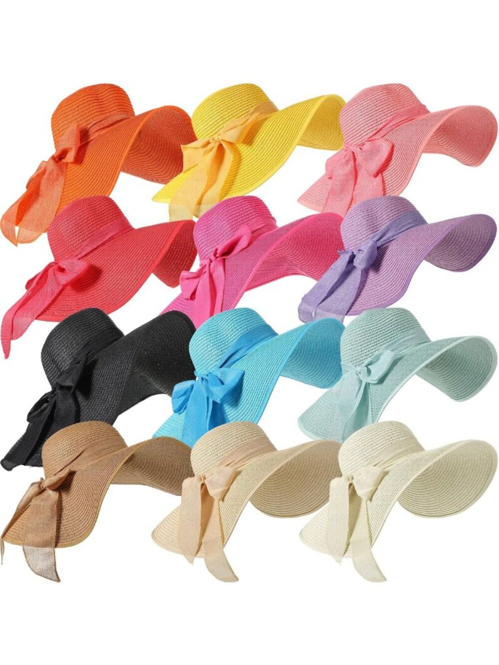 12 PCS Women's Floppy Wide Brim Straw Sun Hats for Beach, Pool & Vacation